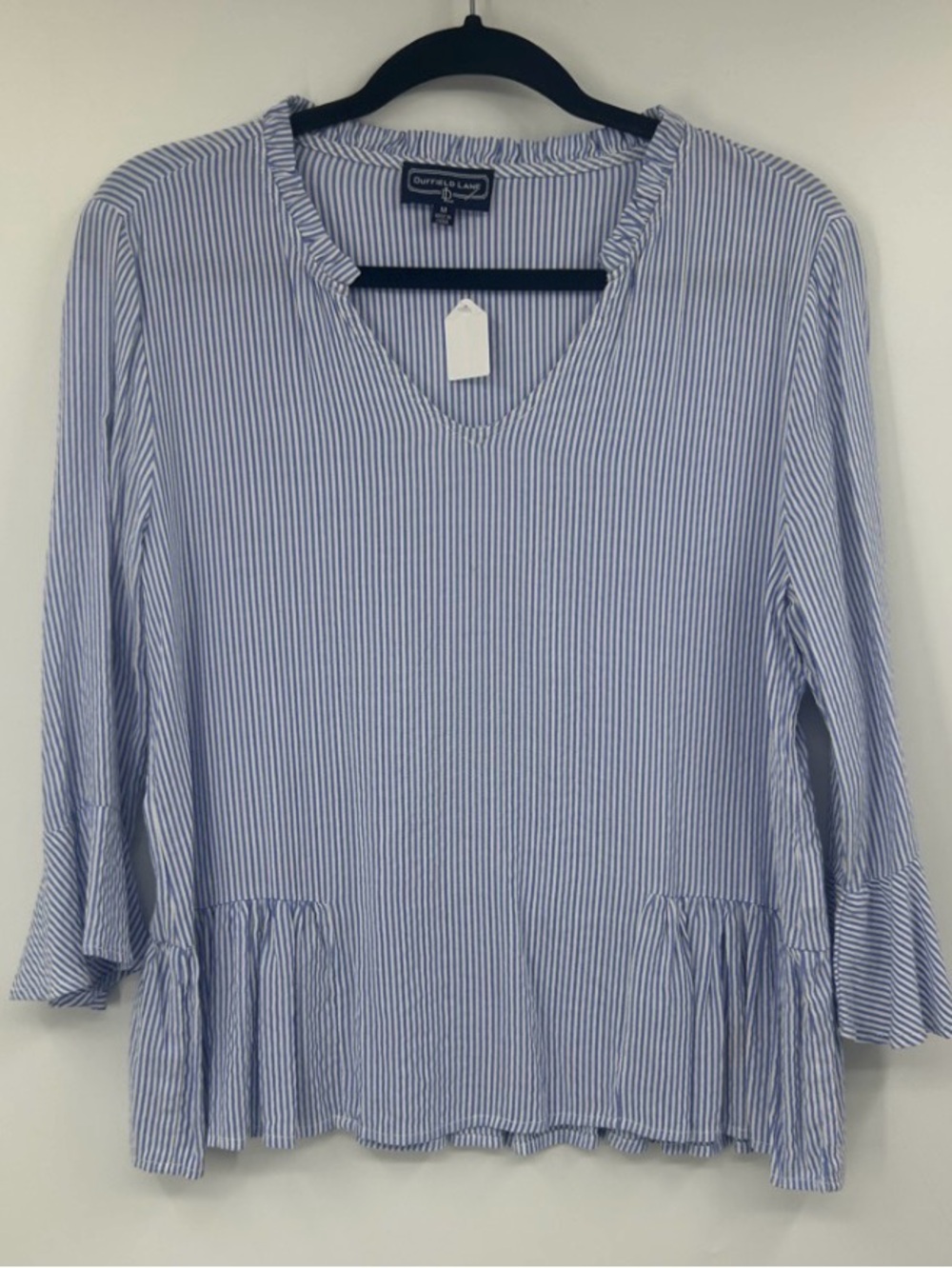Duffield Lane Blue Stripe V-Neck Ruffle Hem Top